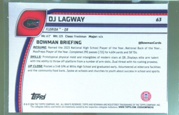 2024 Bowman University Chrome DJ Lagway 63 Gators - Image 3