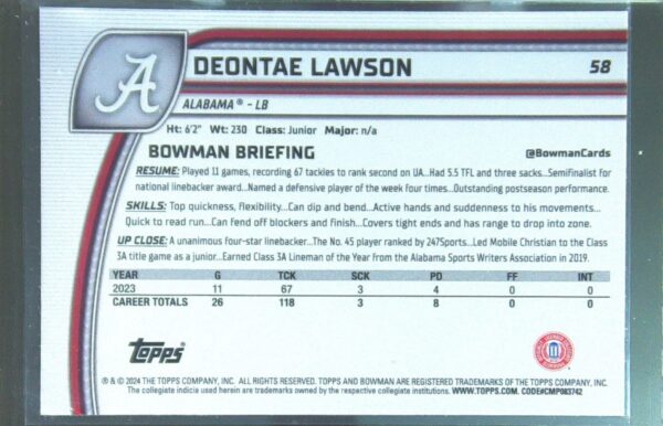 2024 Bowman University Chrome Deontae Lawson #58 Tide - Image 3