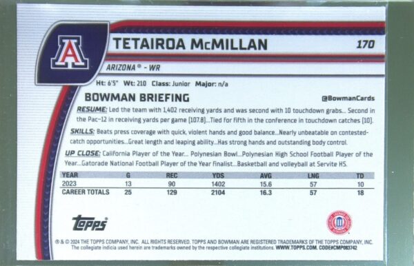 2024 Bowman University Chrome Tetairoa McMillan Blue Mini Diamond Refractor /175 - Image 3
