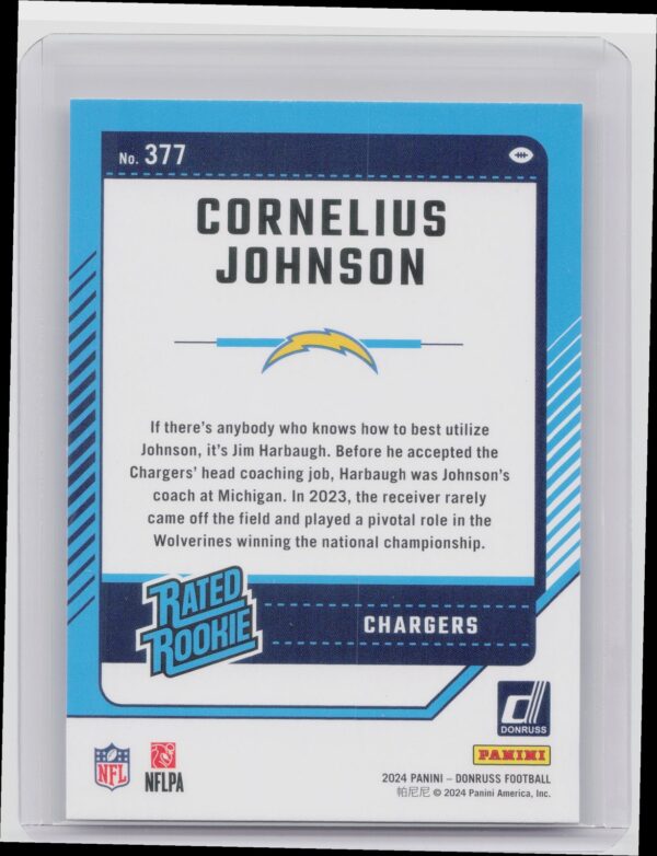 2024 Donruss Cornelius Johnson RC 377 Chargers - Image 3