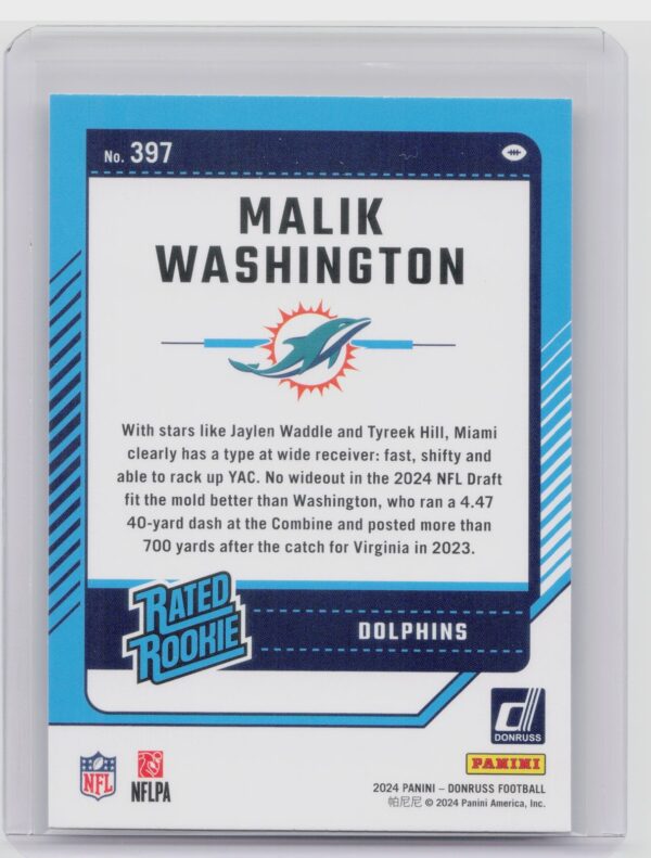 2024 Donruss Malik Washington RC 397 Dolphins - Image 3