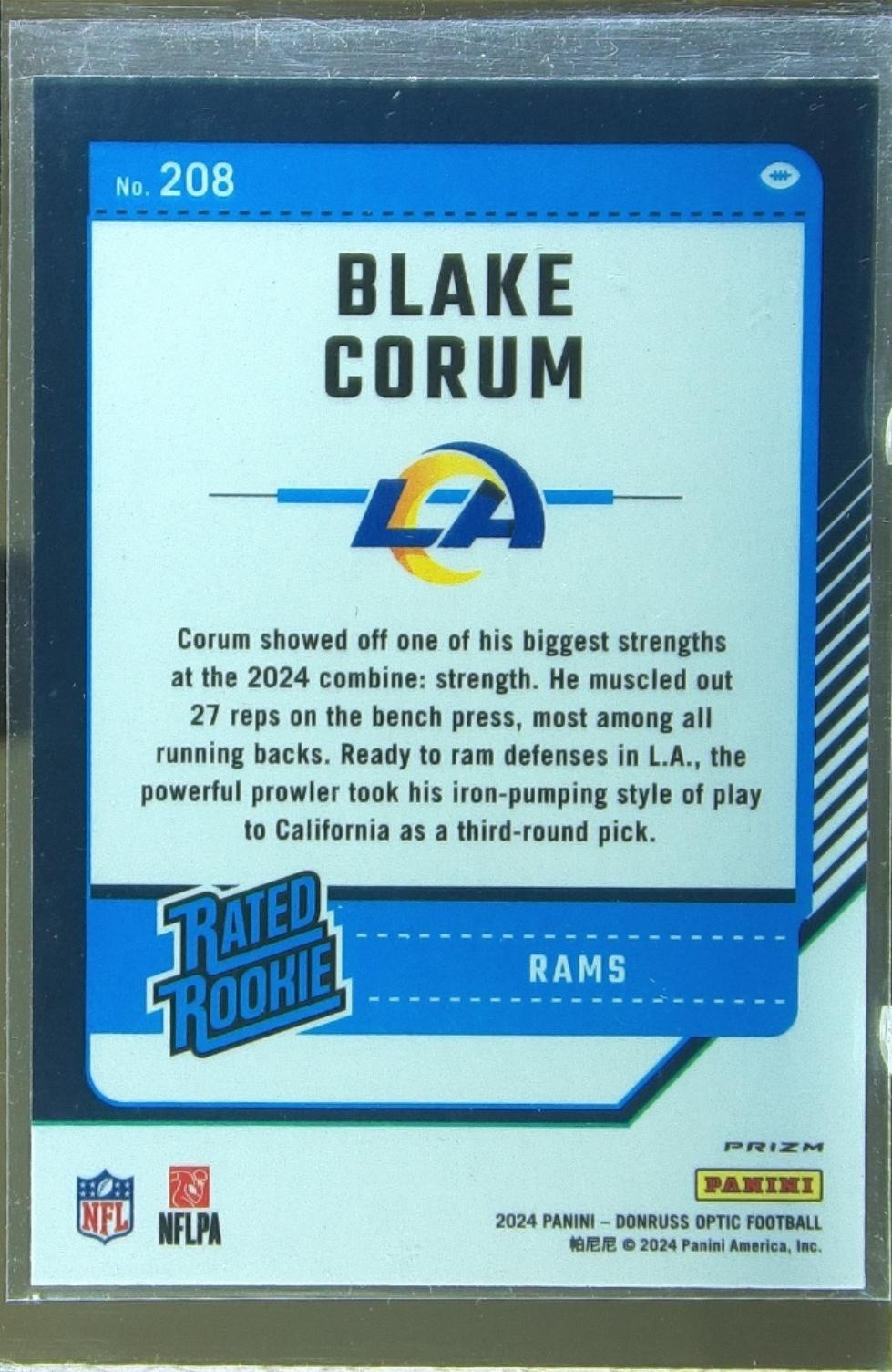2024 Donruss Optic Blake Corum Purple Shock RC #208 Rams - Image 3