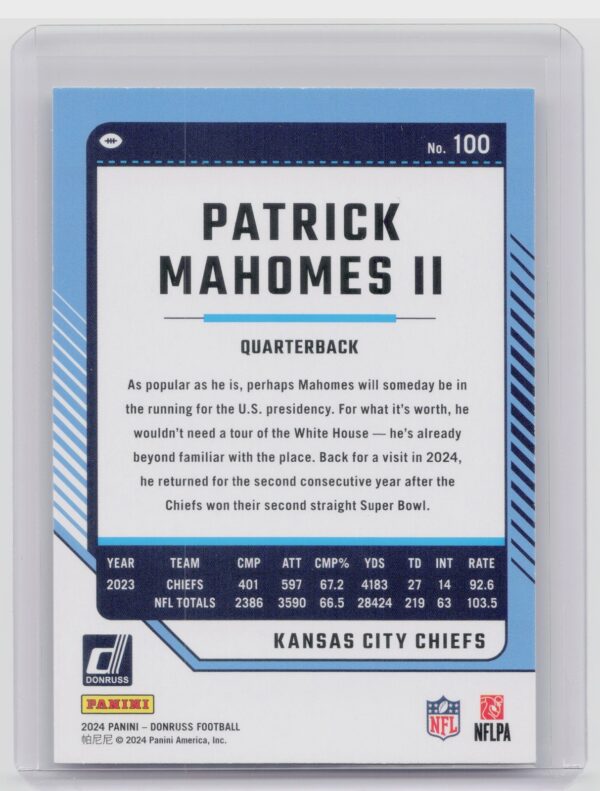 2024 Donruss Patrick Mahomes II 100 Chiefs - Image 3