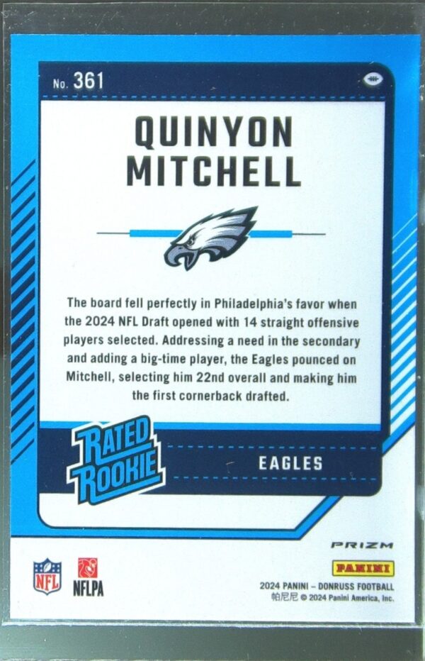 2024 Donruss Quinyon Mitchell Optic Rated Rookies Preview Holo RC 361 Eagles - Image 3
