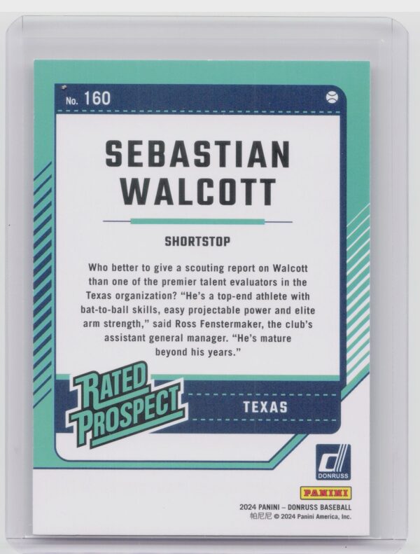 2024 Donruss Sebastian Walcott #160 Rangers - Image 3