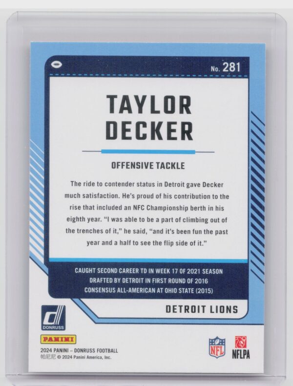 2024 Donruss Taylor Decker Press Proof Red 281 Lions - Image 3