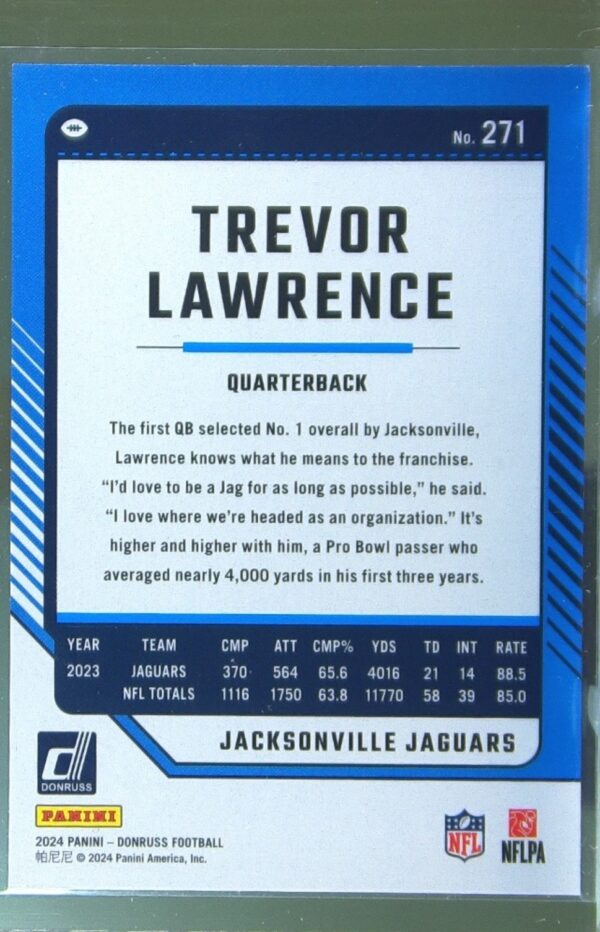 2024 Donruss Trevor Lawrence Press Proof Purple 271 Jaguars - Image 3