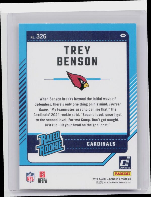2024 Donruss Trey Benson RC 326 Cardinals - Image 3