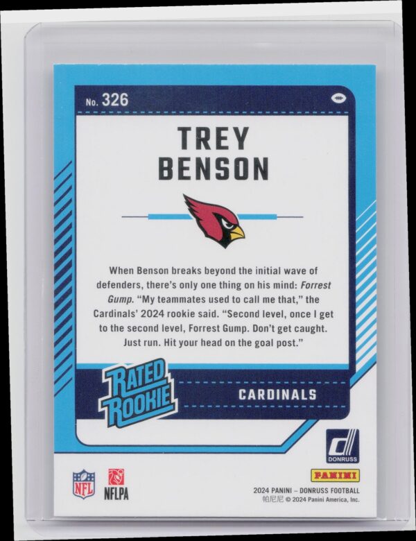 2024 Donruss Trey Benson RC 326 Cardinals - Image 3