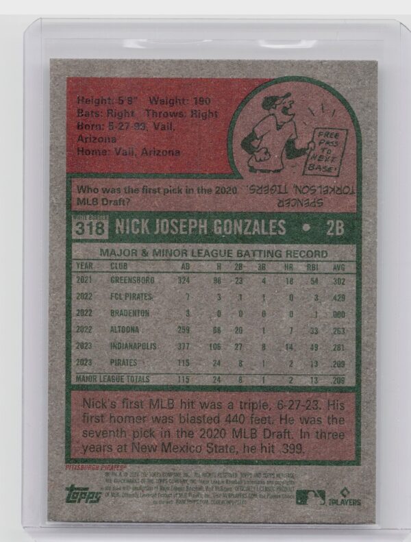 2024 Heritage Nick Gonzales White Border #318 Pirates - Image 3