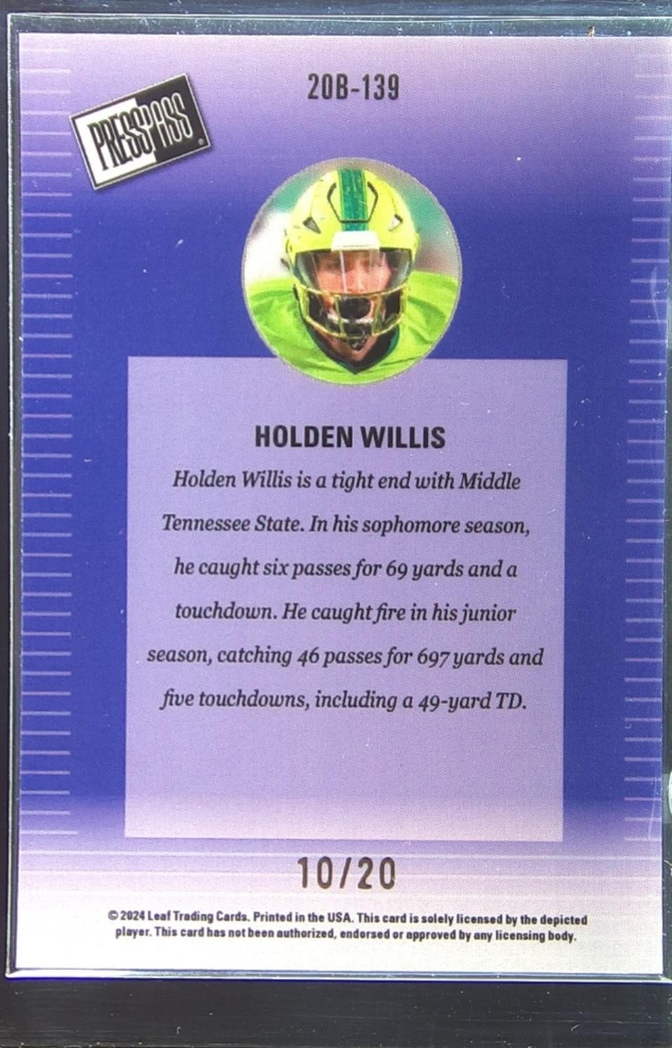 2024 Leaf Collective Holden Willis /20 #20B-139 Bulls Press Pass Shimmer Blue - Image 3