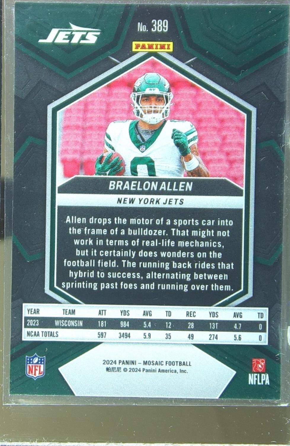 2024 Mosaic Braelon Allen RC #389 Jets - Image 3