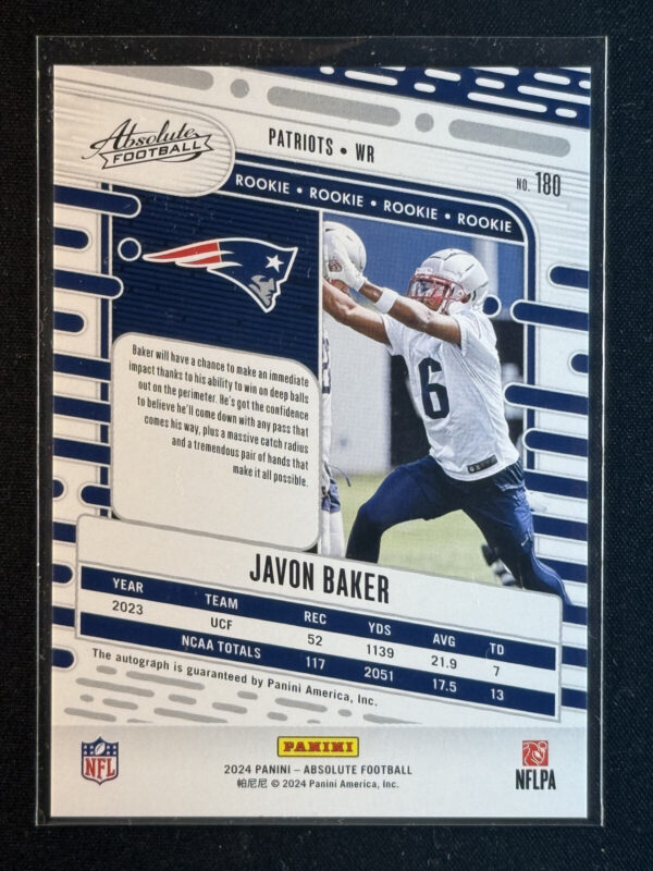 2024 Panini Absolute Javon Baker Rookie RC Autograph Auto Patriots #180 - Image 3