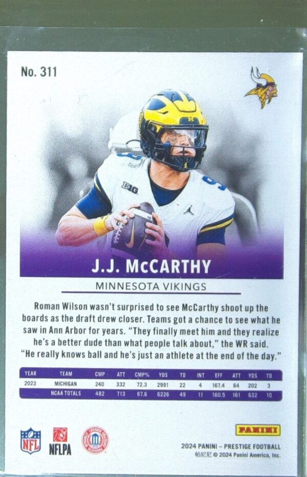 2024 Panini Prestige J.J. McCarthy Hyper Xtra Points RC 311 Vikings - Image 3