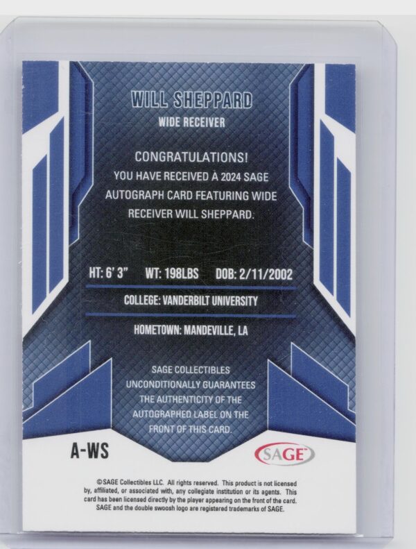 2024 SAGE HIT Will Sheppard Auto #A-WS Commodores Autographs Black (Low Series) - Image 3