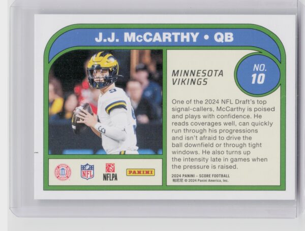 2024 Score J.J. McCarthy RC 10 Vikings Protential - Image 3