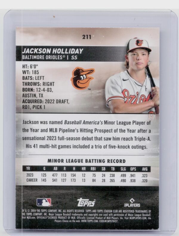 2024 Stadium Club Jackson Holliday #211 Orioles - Image 3