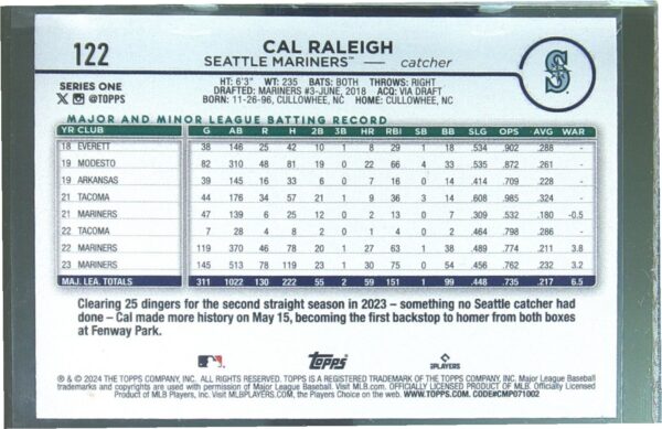 2024 Topps Cal Raleigh Rainbow Foil #122 Mariners - Image 3