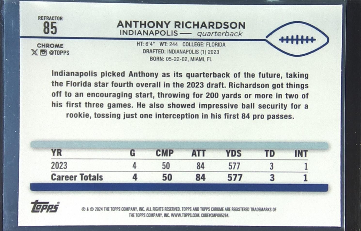 2024 Topps Chrome Anthony Richardson Refractor #85 Colts - Image 3