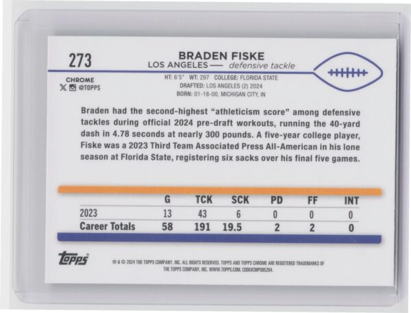 2024 Topps Chrome Braden Fiske Prism Refractor #273 Rams - Image 3