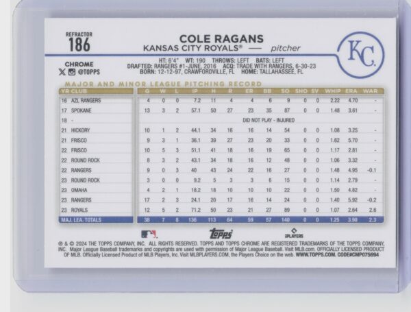 2024 Topps Chrome Cole Ragans Refractors #186 Royals - Image 3