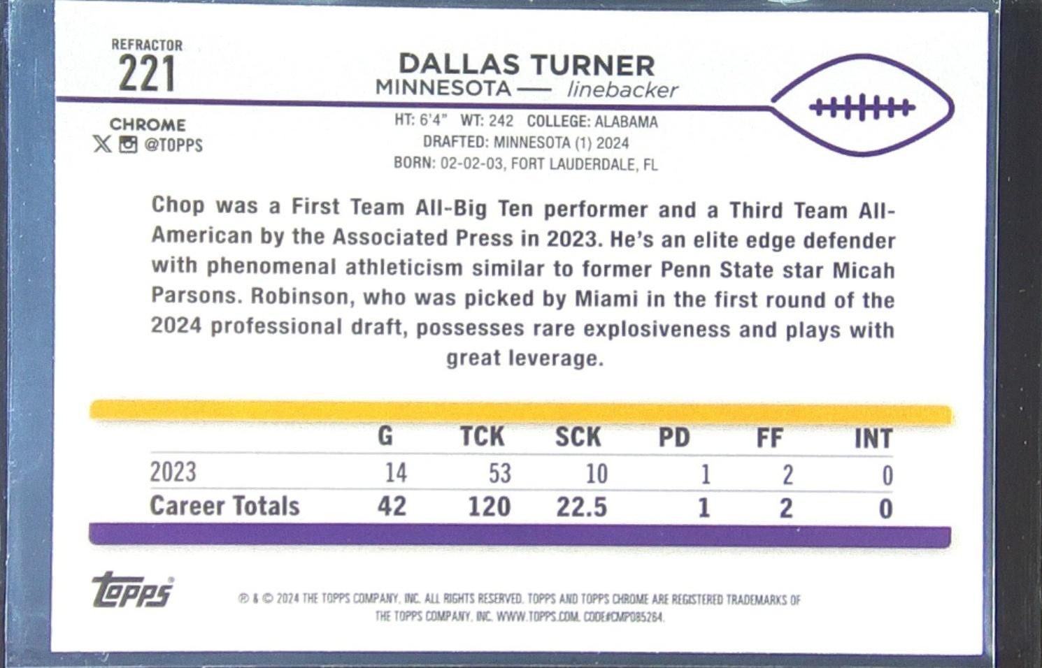 2024 Topps Chrome Dallas Turner Refractor RC #221 Vikings - Image 3