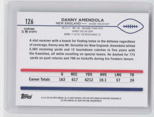 2024 Topps Chrome Danny Amendola Refractor #126 Patriots - Image 3