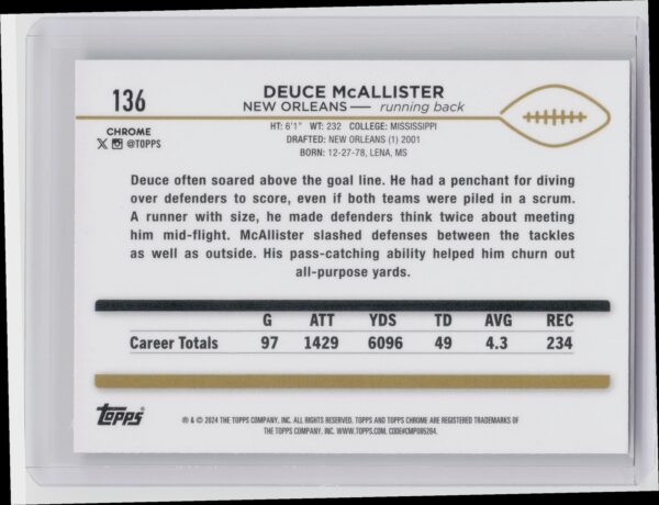 2024 Topps Chrome Deuce McAllister 136 Saints - Image 3