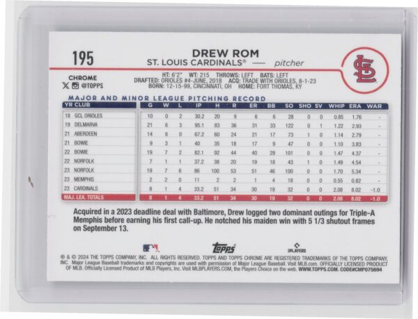 2024 Topps Chrome Drew Rom X Fractors RC #195 Cardinals - Image 3