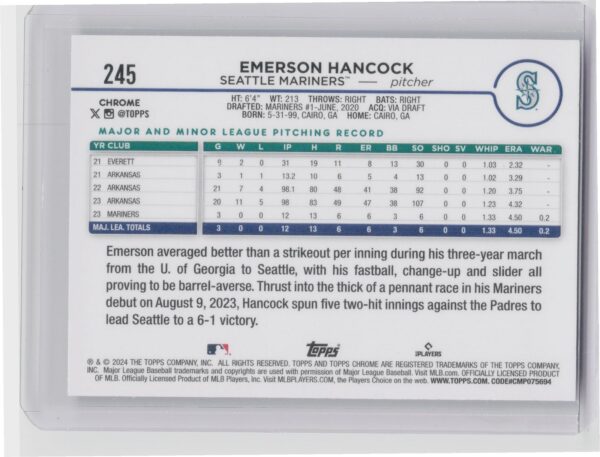 2024 Topps Chrome Emerson Hancock Raywave Refractors #245 Mariners - Image 3