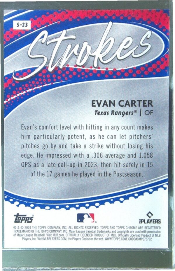 2024 Topps Chrome Evan Carter #S-23 Rangers Strokes - Image 3