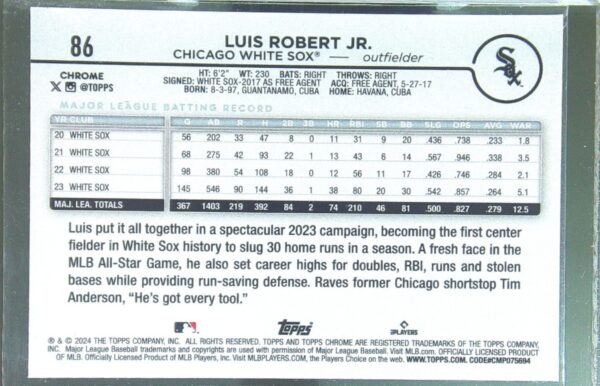 2024 Topps Chrome Luis Robert Jr. X Fractors #86 Sox - Image 3
