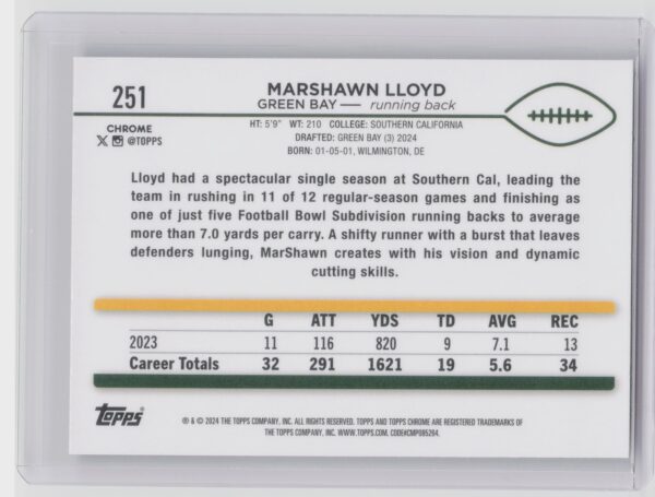 2024 Topps Chrome MarShawn Lloyd RC 251 Packers - Image 3
