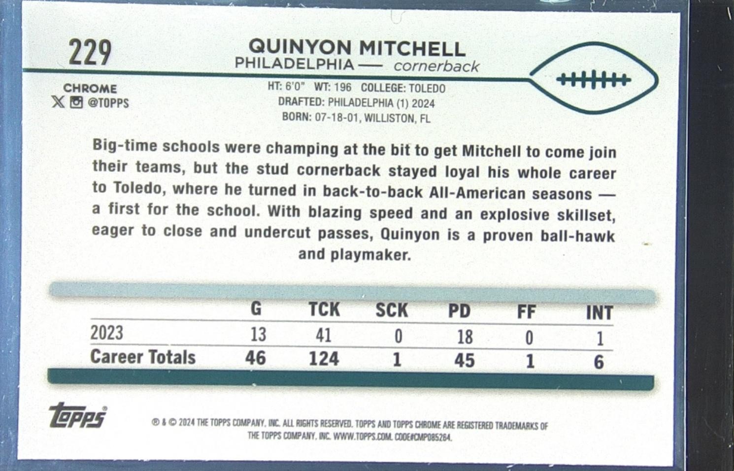 2024 Topps Chrome Quinyon Mitchell RC #229 Eagles - Image 3