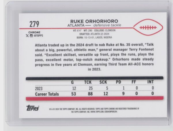 2024 Topps Chrome Ruke Orhorhoro RC 279 Falcons - Image 3