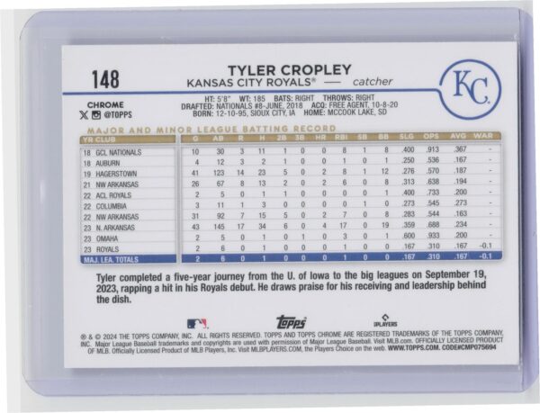 2024 Topps Chrome Tyler Cropley X Fractors #148 Royals - Image 3