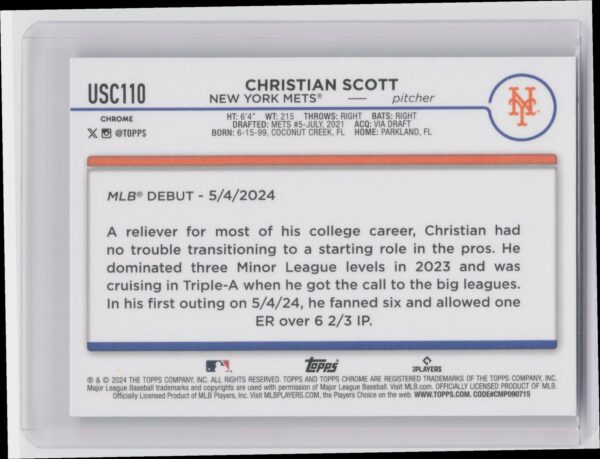 2024 Topps Chrome Update Christian Scott RC #USC110 Mets - Image 3