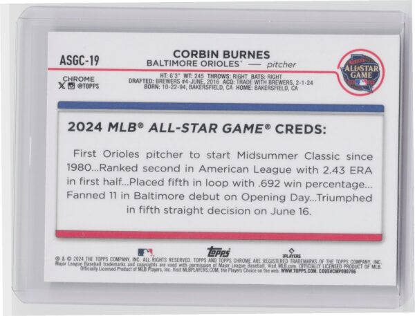 2024 Topps Chrome Update Corbin Burnes #ASGC-19 Orioles 2024 All Star Game - Image 3