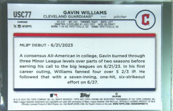 2024 Topps Chrome Update Gavin Williams RC #USC77 Guardians - Image 3