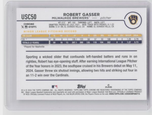 2024 Topps Chrome Update Robert Gasser X Fractors RC #USC50 Brewers - Image 3