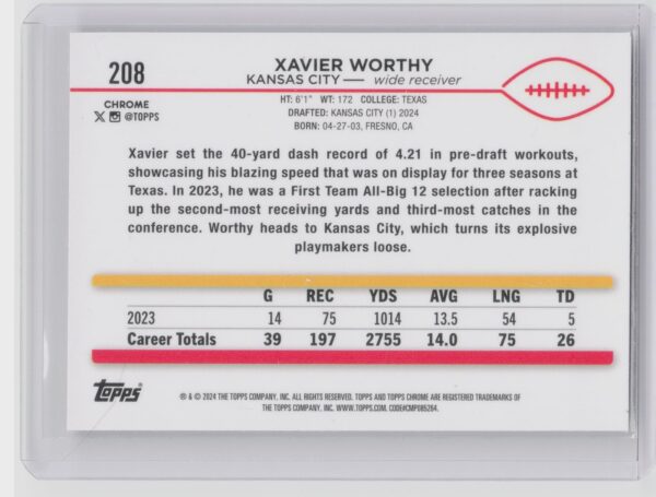 2024 Topps Chrome Xavier Worthy RC 208 Chiefs - Image 3