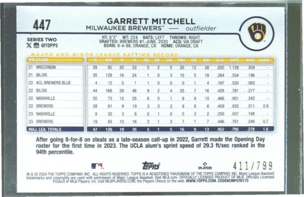 2024 Topps Garrett Mitchell Purple Holofoil /799 #447 Brewers - Image 3