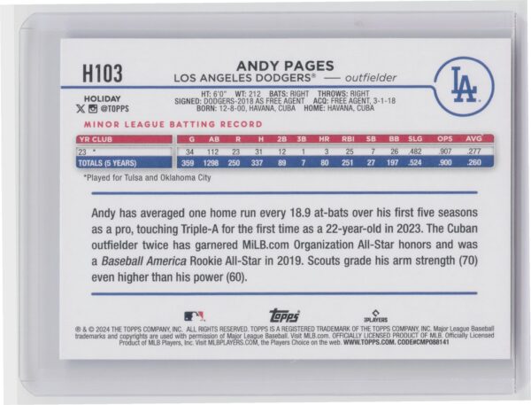 2024 Topps Holiday Andy Pages Rookie H103 Dodgers - Image 3
