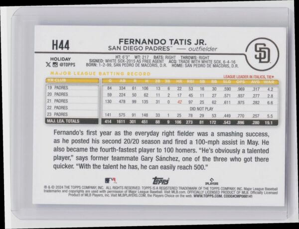 2024 Topps Holiday Fernando Tatis Jr. #H44 Padres - Image 3