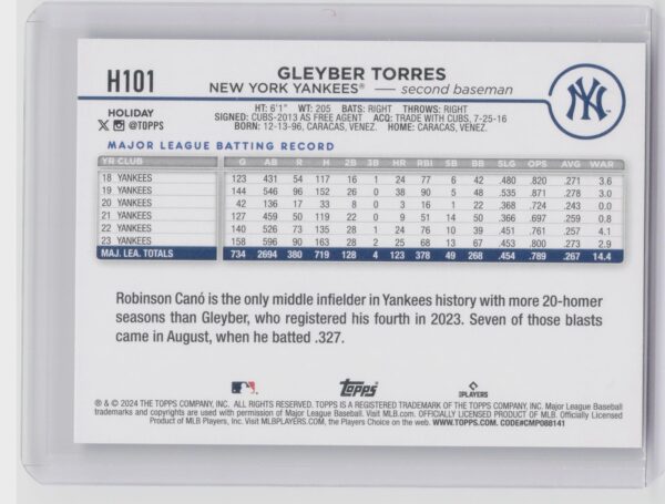 2024 Topps Holiday Gleyber Torres #H101 Yankees - Image 3