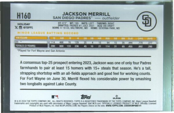 2024 Topps Holiday Jackson Merrill RC #H160 Padres - Image 3