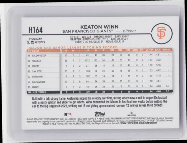 2024 Topps Holiday Keaton Winn RC #H164 Giants - Image 3
