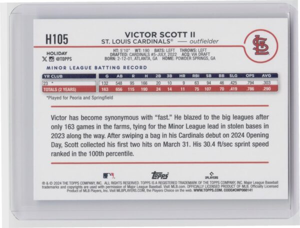 2024 Topps Holiday Victor Scott II Rookie H105 Cardinals - Image 3