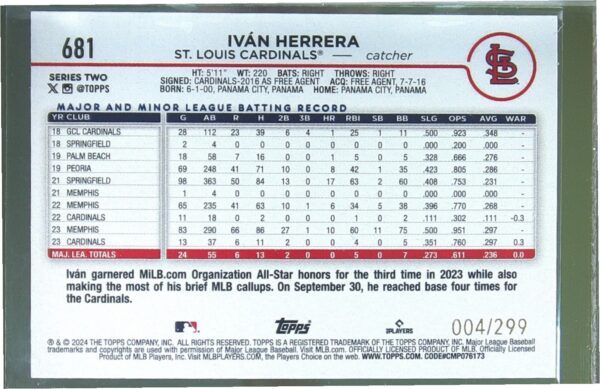 2024 Topps Ivan Herrera Orange Crackle Foil /299 #681 Cardinals - Image 3