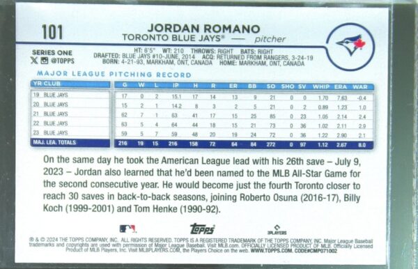 2024 Topps Jordan Romano Royal Blue #101 Jays - Image 3